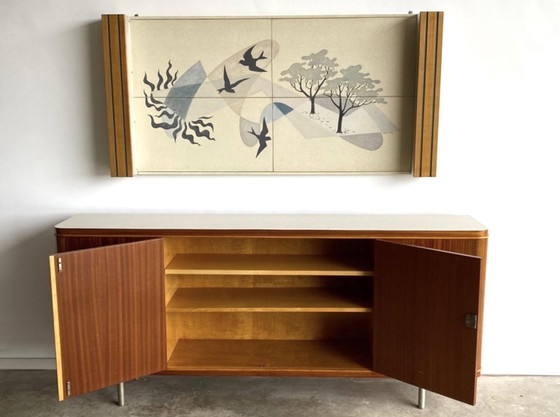 Image 1 of Credenza vintage e pezzo d'arte decorativa abbinato della nave da crociera "SS Rotterdam"