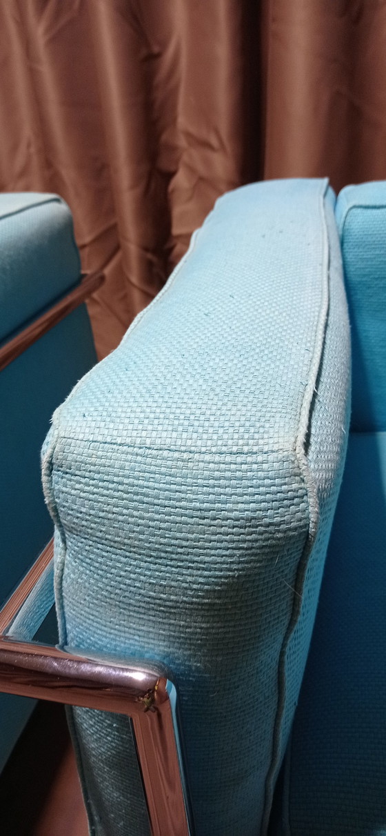 Image 1 of ALIVAR MVSEUM 2 set of 2 Celeste (Turquoise) Ribbed Cotton LC 2 Armchairs by Le Corbusier, P. Jeanneret, C. Perriand from 1989