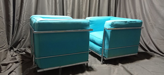 Image 1 of ALIVAR MVSEUM 2 set of 2 Celeste (Turquoise)  Ribbed Cotton LC 2 Armchairs by Le Corbusier, P. Jeanneret, C. Perriand from 1989