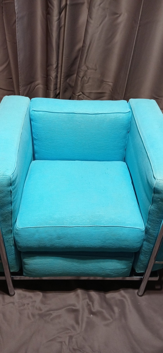 Image 1 of ALIVAR MVSEUM 2 set of 2 Celeste (Turquoise)  Ribbed Cotton LC 2 Armchairs by Le Corbusier, P. Jeanneret, C. Perriand from 1989