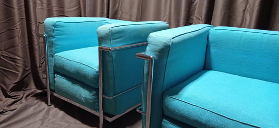 Image 1 of ALIVAR MVSEUM 2 set of 2 Celeste (Turquoise)  Ribbed Cotton LC 2 Armchairs by Le Corbusier, P. Jeanneret, C. Perriand from 1989