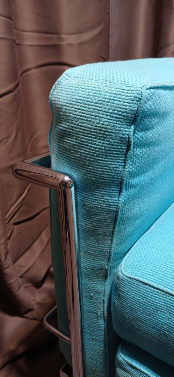 Image 1 of ALIVAR MVSEUM 2 set of 2 Celeste (Turquoise)  Ribbed Cotton LC 2 Armchairs by Le Corbusier, P. Jeanneret, C. Perriand from 1989