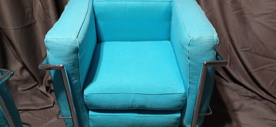 Image 1 of ALIVAR MVSEUM 2 set of 2 Celeste (Turquoise) Ribbed Cotton LC 2 Armchairs by Le Corbusier, P. Jeanneret, C. Perriand from 1989