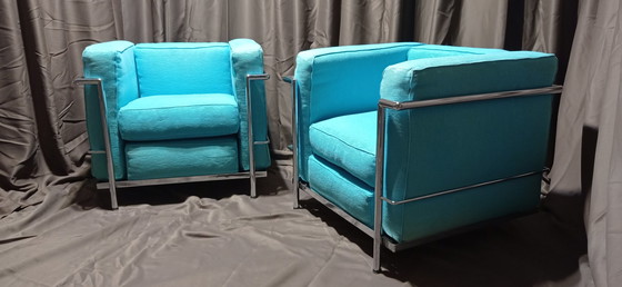 Image 1 of ALIVAR MVSEUM 2 set of 2 Celeste (Turquoise) Ribbed Cotton LC 2 Armchairs by Le Corbusier, P. Jeanneret, C. Perriand from 1989