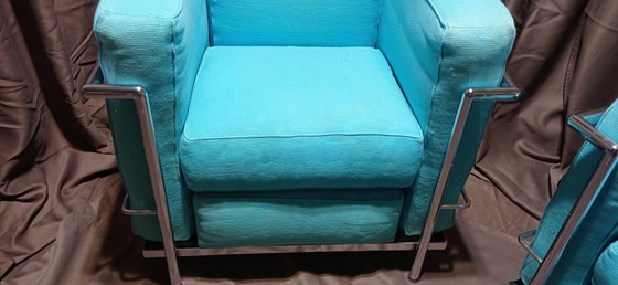 Image 1 of ALIVAR MVSEUM 2 set of 2 Celeste (Turquoise)  Ribbed Cotton LC 2 Armchairs by Le Corbusier, P. Jeanneret, C. Perriand from 1989