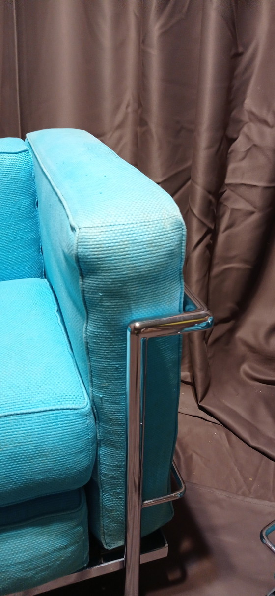 Image 1 of ALIVAR MVSEUM 2 set of 2 Celeste (Turquoise) Ribbed Cotton LC 2 Armchairs by Le Corbusier, P. Jeanneret, C. Perriand from 1989