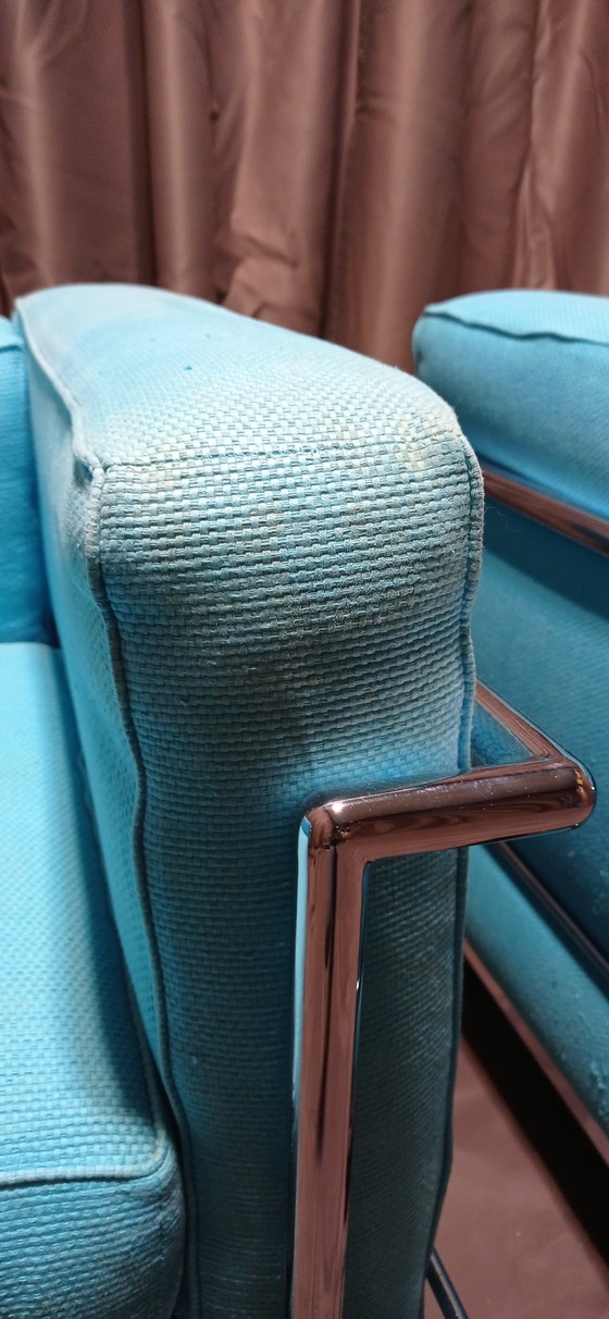 Image 1 of ALIVAR MVSEUM 2 set of 2 Celeste (Turquoise)  Ribbed Cotton LC 2 Armchairs by Le Corbusier, P. Jeanneret, C. Perriand from 1989