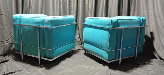 Image 1 of ALIVAR MVSEUM 2 set of 2 Celeste (Turquoise) Ribbed Cotton LC 2 Armchairs by Le Corbusier, P. Jeanneret, C. Perriand from 1989