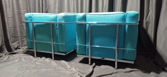 Image 1 of ALIVAR MVSEUM 2 set of 2 Celeste (Turquoise)  Ribbed Cotton LC 2 Armchairs by Le Corbusier, P. Jeanneret, C. Perriand from 1989