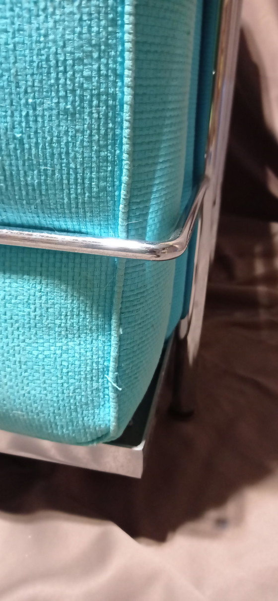 Image 1 of ALIVAR MVSEUM 2 set of 2 Celeste (Turquoise) Ribbed Cotton LC 2 Armchairs by Le Corbusier, P. Jeanneret, C. Perriand from 1989