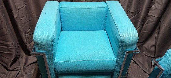 Image 1 of ALIVAR MVSEUM 2 set of 2 Celeste (Turquoise)  Ribbed Cotton LC 2 Armchairs by Le Corbusier, P. Jeanneret, C. Perriand from 1989