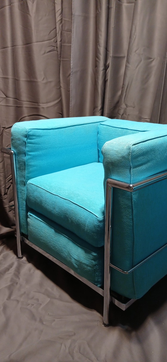 Image 1 of ALIVAR MVSEUM 2 set of 2 Celeste (Turquoise)  Ribbed Cotton LC 2 Armchairs by Le Corbusier, P. Jeanneret, C. Perriand from 1989