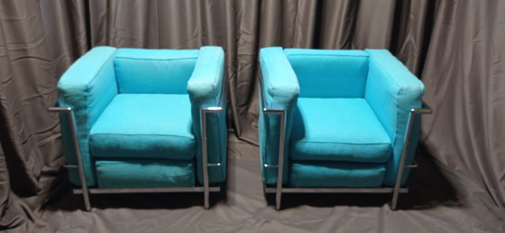 Image 1 of ALIVAR MVSEUM 2 set of 2 Celeste (Turquoise) Ribbed Cotton LC 2 Armchairs by Le Corbusier, P. Jeanneret, C. Perriand from 1989