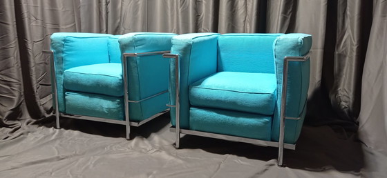 Image 1 of ALIVAR MVSEUM 2 set of 2 Celeste (Turquoise) Ribbed Cotton LC 2 Armchairs by Le Corbusier, P. Jeanneret, C. Perriand from 1989