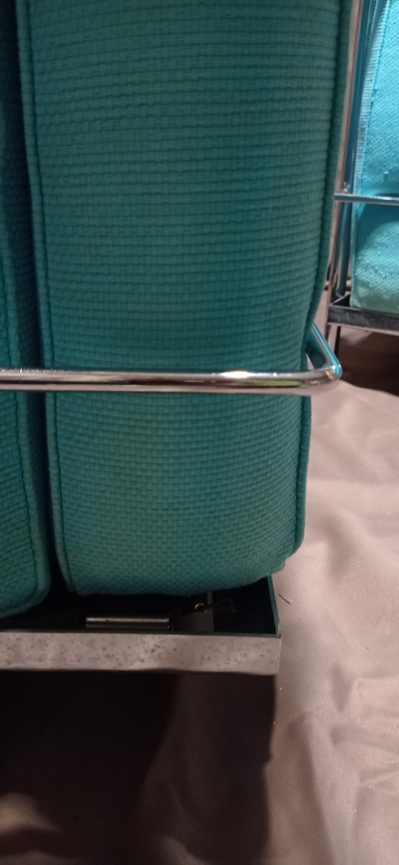 Image 1 of ALIVAR MVSEUM 2 set of 2 Celeste (Turquoise) Ribbed Cotton LC 2 Armchairs by Le Corbusier, P. Jeanneret, C. Perriand from 1989