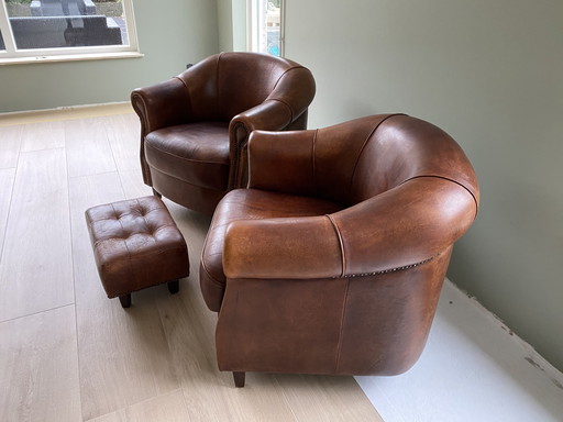 2x Joris club armchairs + footstool