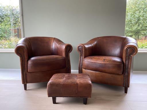 2x Joris club armchairs + footstool