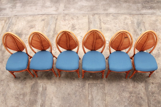 Image 1 of Table de salle à manger en bambou de Bohème Mcguire avec 6 chaises en feuilles de palmier, 1960 France.