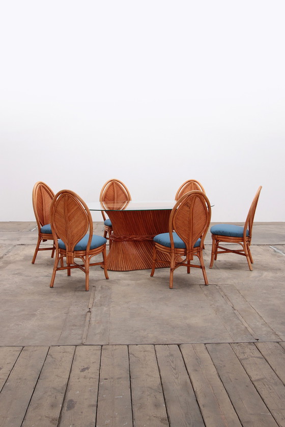 Image 1 of Table de salle à manger en bambou de Bohème Mcguire avec 6 chaises en feuilles de palmier, 1960 France.