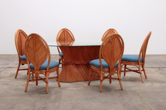 Image 1 of Table de salle à manger en bambou de Bohème Mcguire avec 6 chaises en feuilles de palmier, 1960 France.