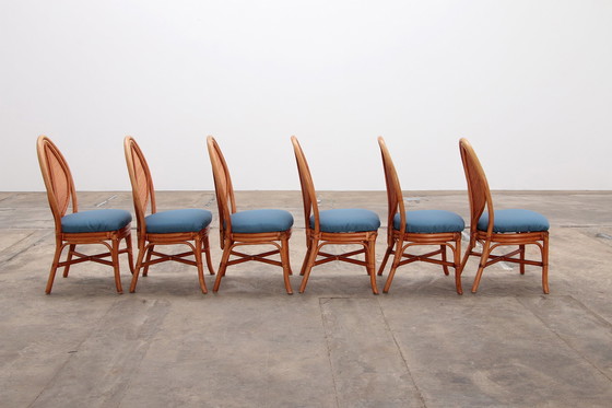 Image 1 of Table de salle à manger en bambou de Bohème Mcguire avec 6 chaises en feuilles de palmier, 1960 France.