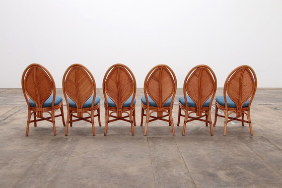 Image 1 of Table de salle à manger en bambou de Bohème Mcguire avec 6 chaises en feuilles de palmier, 1960 France.