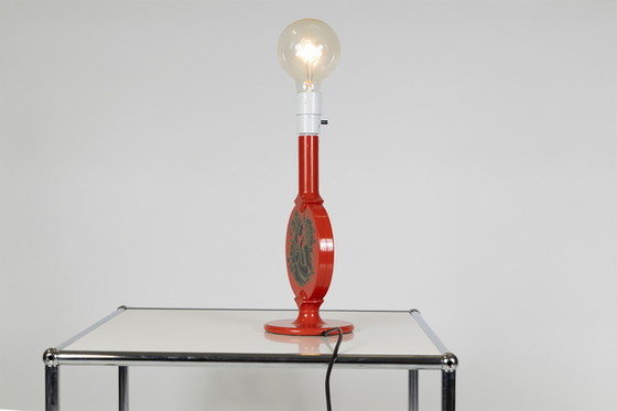 Image 1 of Lampada da tavolo Bjorn Wiinblad di Lyfa in legno color arancione, motivo nero e oro