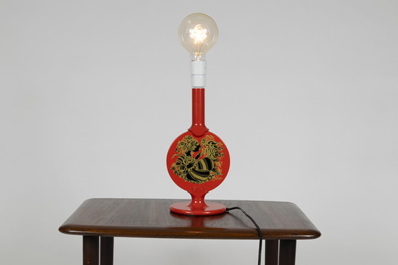 Image 1 of Lampada da tavolo Bjorn Wiinblad di Lyfa in legno color arancione, motivo nero e oro