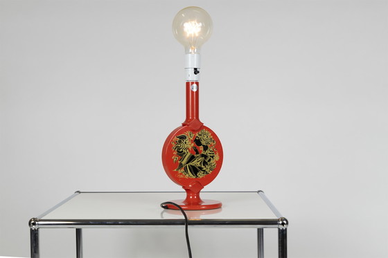 Image 1 of Lampada da tavolo Bjorn Wiinblad di Lyfa in legno color arancione, motivo nero e oro