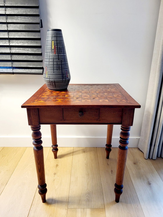 Image 1 of Square wooden side table or plant table, turned legs, country style, France.