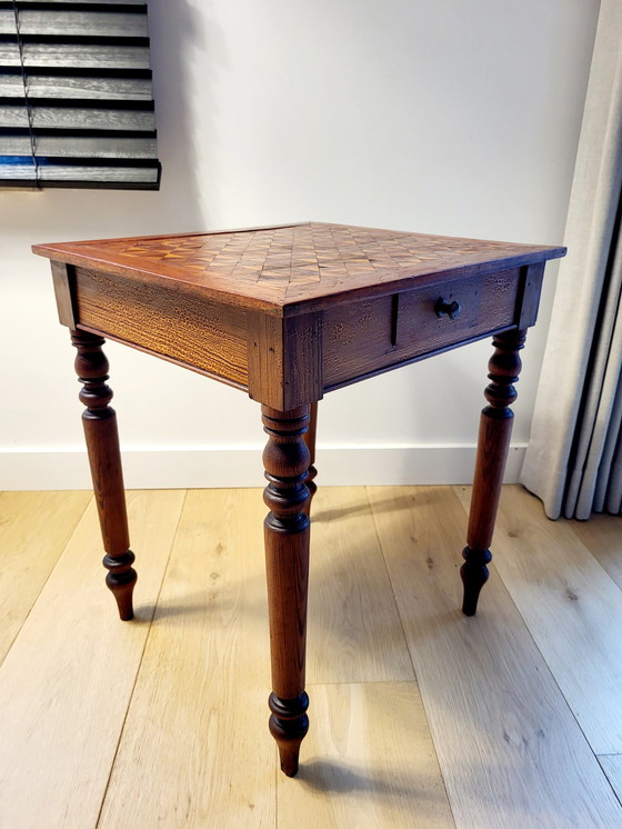 Image 1 of Square wooden side table or plant table, turned legs, country style, France.