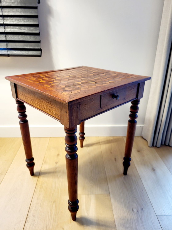 Image 1 of Square wooden side table or plant table, turned legs, country style, France.