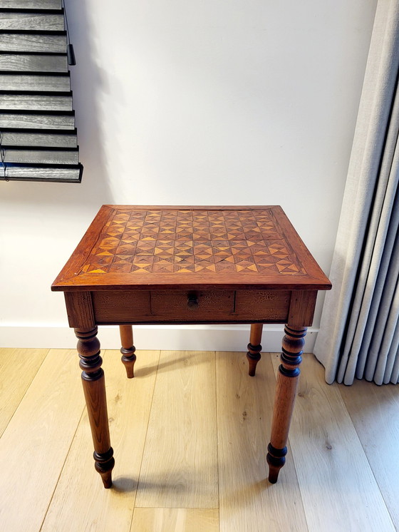 Image 1 of Square wooden side table or plant table, turned legs, country style, France.