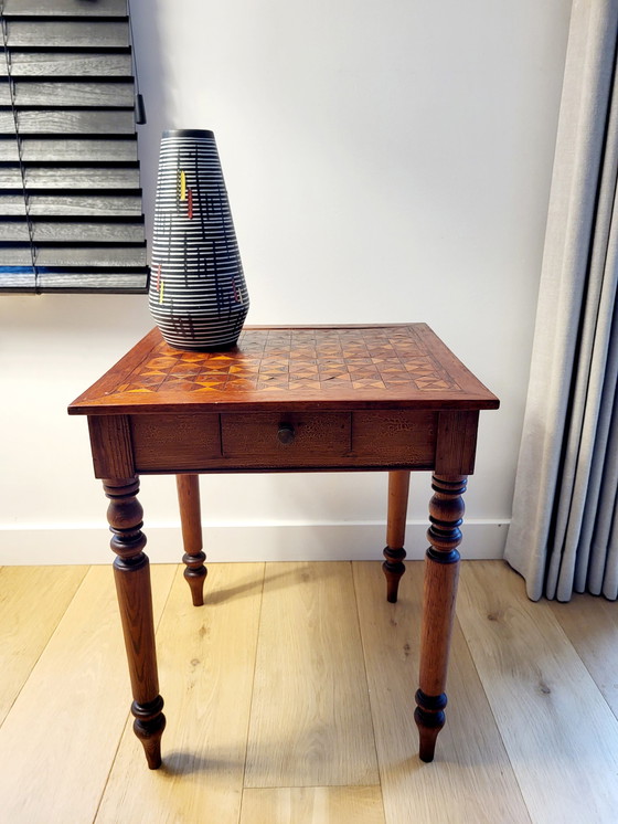 Image 1 of Square wooden side table or plant table, turned legs, country style, France.