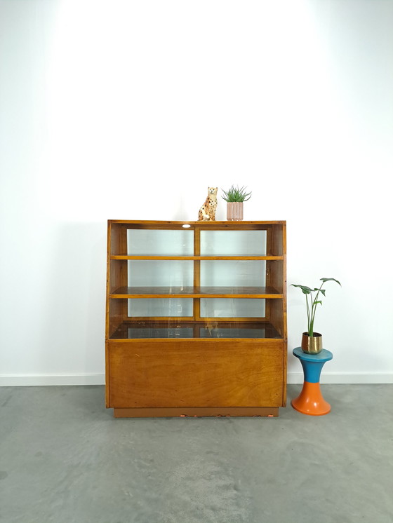 Image 1 of Veneer counter, shop display case with sliding doors, vintage counter