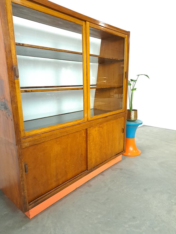 Image 1 of Veneer counter, shop display case with sliding doors, vintage counter