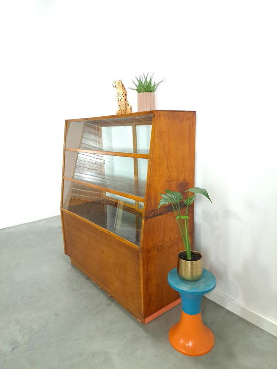 Image 1 of Veneer counter, shop display case with sliding doors, vintage counter