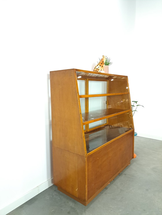 Image 1 of Veneer counter, shop display case with sliding doors, vintage counter