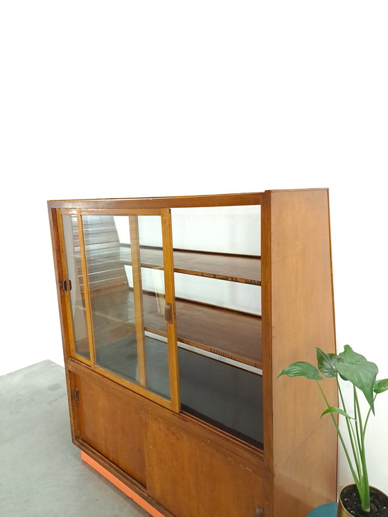 Image 1 of Veneer counter, shop display case with sliding doors, vintage counter