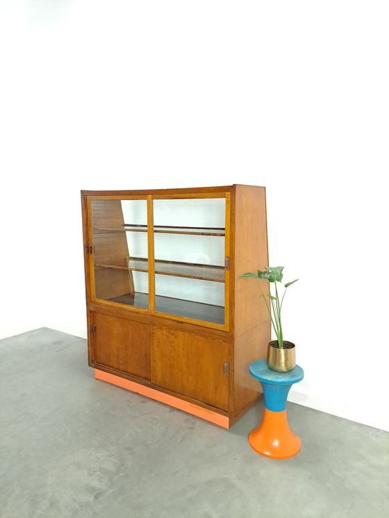 Image 1 of Veneer counter, shop display case with sliding doors, vintage counter