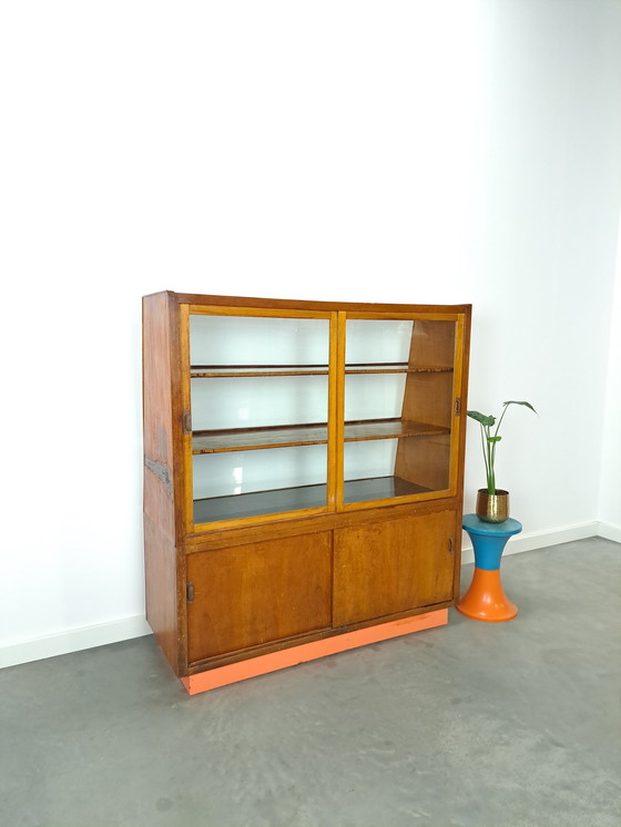 Image 1 of Veneer counter, shop display case with sliding doors, vintage counter