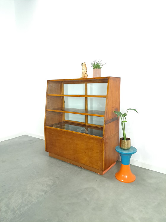 Image 1 of Veneer counter, shop display case with sliding doors, vintage counter