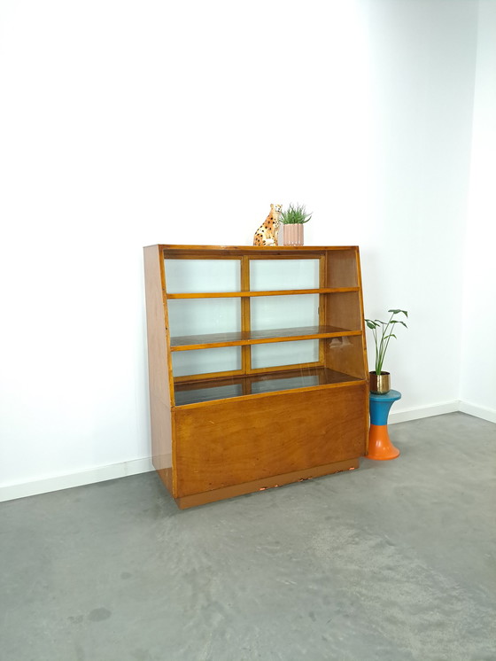 Image 1 of Veneer counter, shop display case with sliding doors, vintage counter