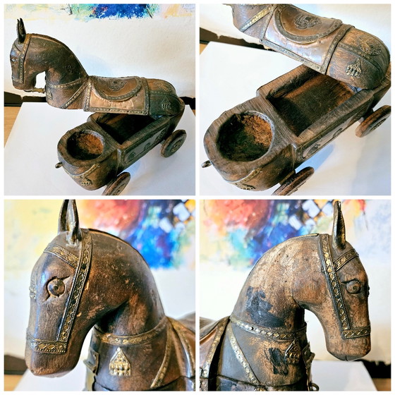 Image 1 of Vintage carved wood horse figurine with brass elements.