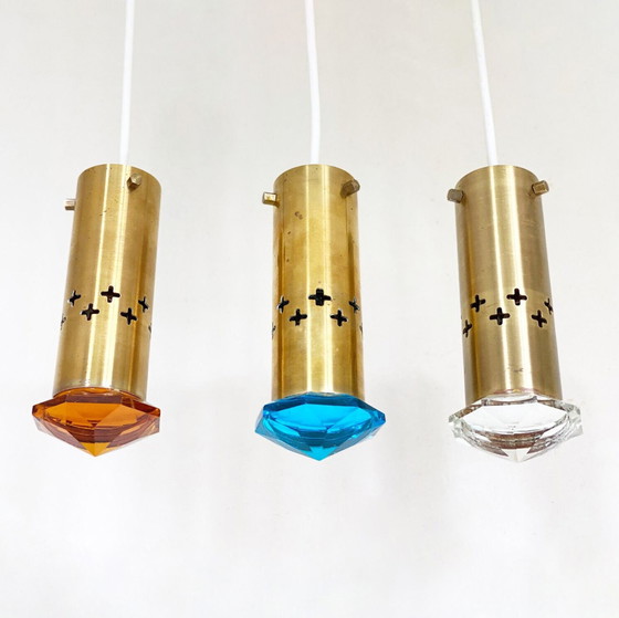 Image 1 of 3x Helmer Andersson per lampade a sospensione Örsjö, Ottone e vetro colorato