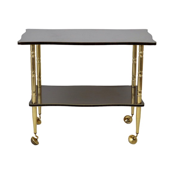 Image 1 of Chariot de bar français vintage en placage de bois laiton doré Meuble TV design années 50