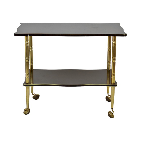 Image 1 of Chariot de bar français vintage en placage de bois laiton doré Meuble TV design années 50