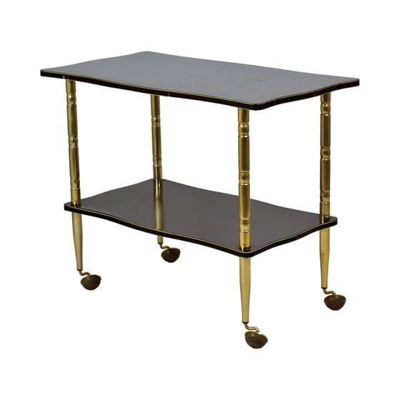 Image 1 of Chariot de bar français vintage en placage de bois laiton doré Meuble TV design années 50