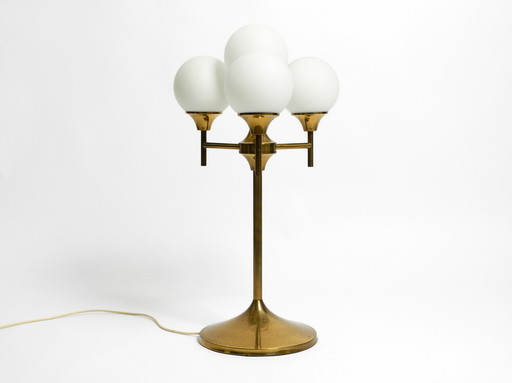 Beautiful large 1960s brass table or floor lamp with 4 glass spheres by Kaiser Leuchten