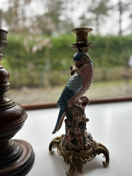 Image 1 of Bronze porcelain candlestick parrot